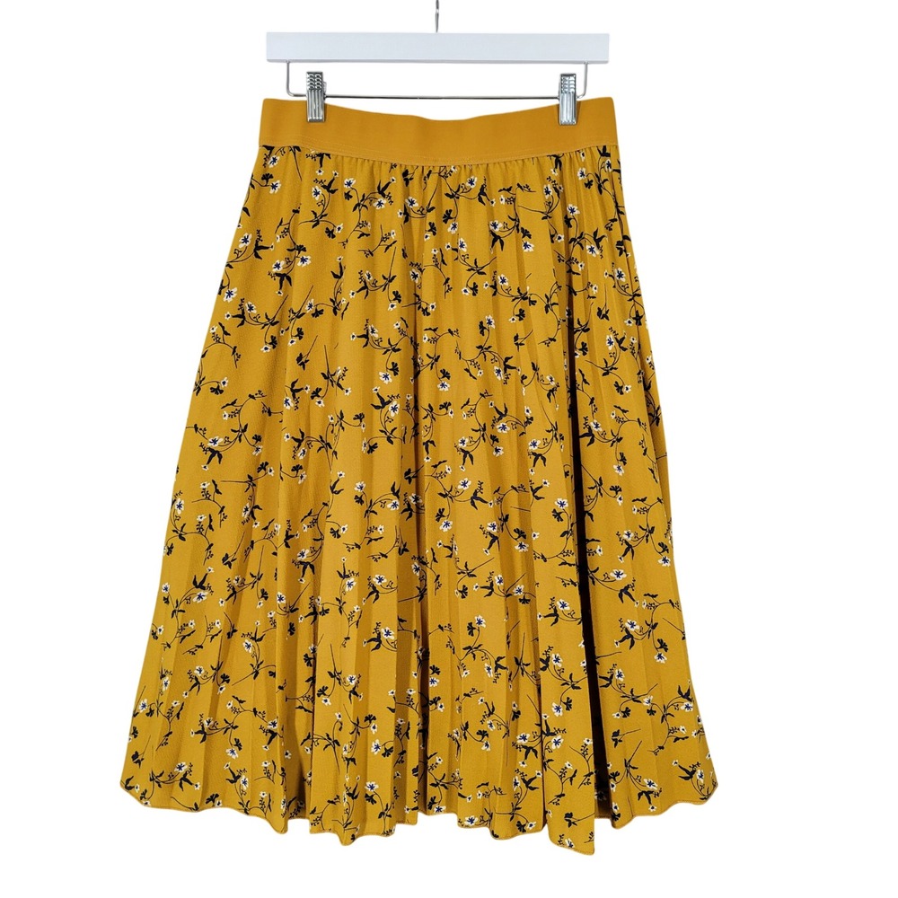 Andi + James Floral Pleated Midi Skirt Womens Large Mustard Yellow Elastic Waist